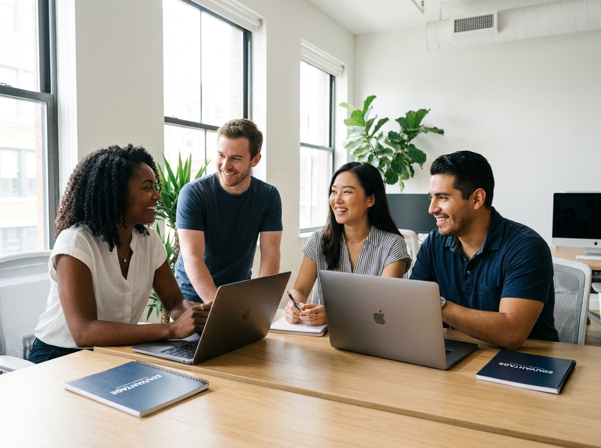 High-quality, professional photograph of a diverse team of 4 young professionals (2 men, 2 women) aged 25-35 working together in a modern, bright, minimal office.