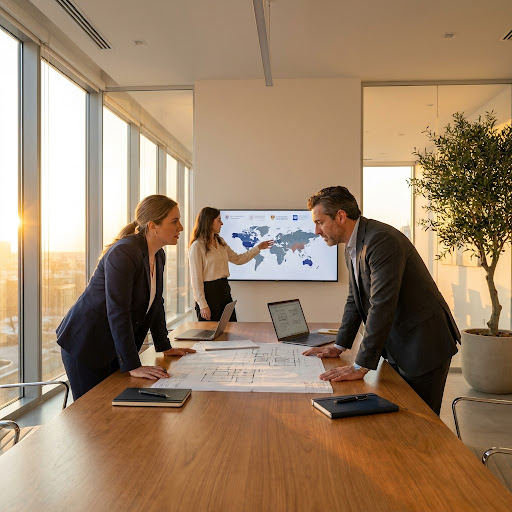A modern, premium corporate meeting or strategic business consultation with diverse professionals in a sun-lit, minimal boutique office setting.