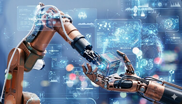 Information Technology - AI robot hand interacting with holographic interface